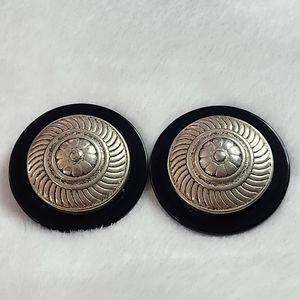 Virginia Shepley Vintage 80s Silver Black Circle Clip On Earrings